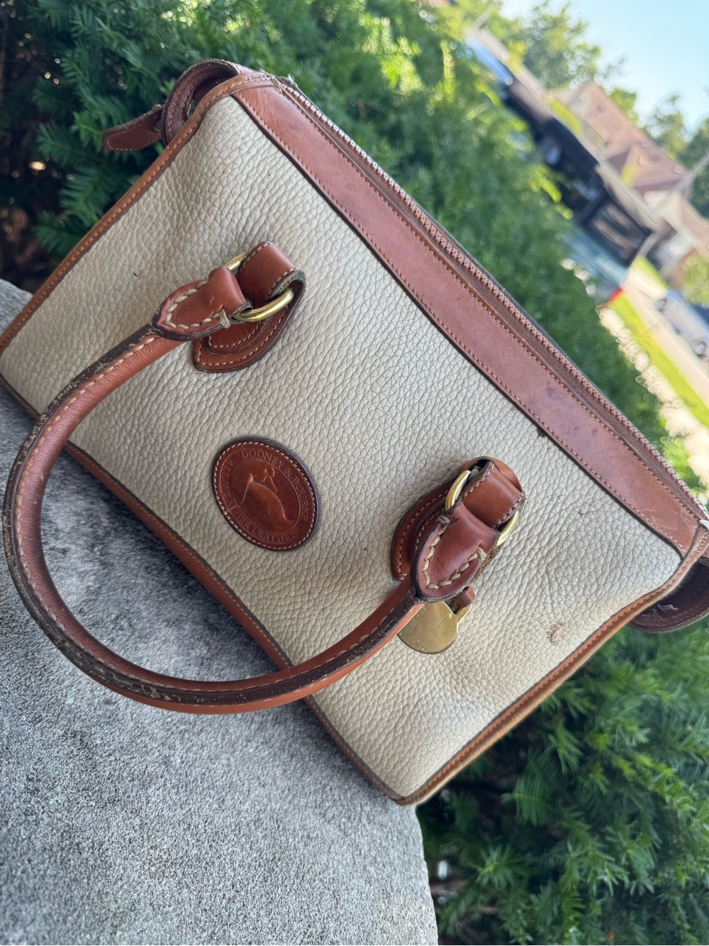 Dooney & Bourke Cream & Tan AWL Pebbled Leather Satchel